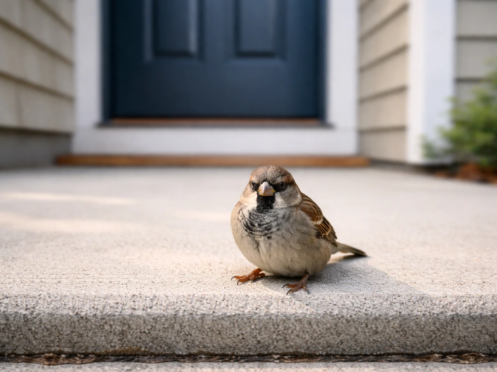 Small wild bird perched at a front door threshold with the house exterior softly blurred behind.