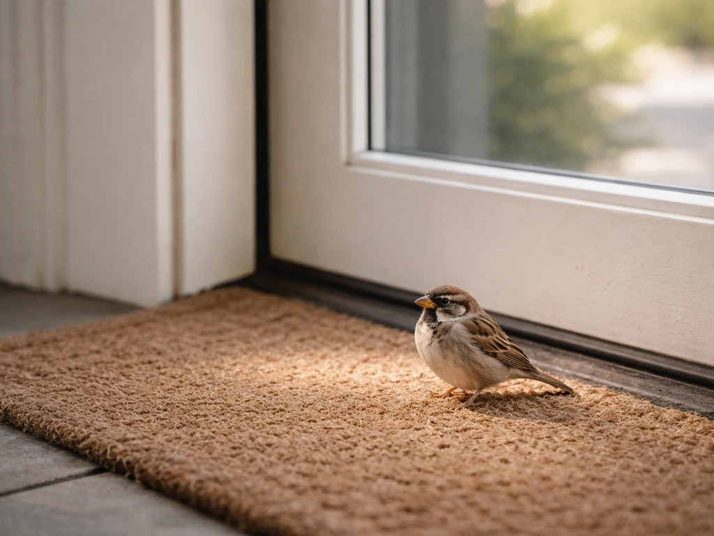 A small bird stands at a front entry door near a glass window in natural daylight.