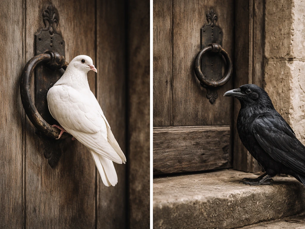 Dove and raven perched near a rustic wooden door, softly lit to evoke Bible and European folklore symbolism