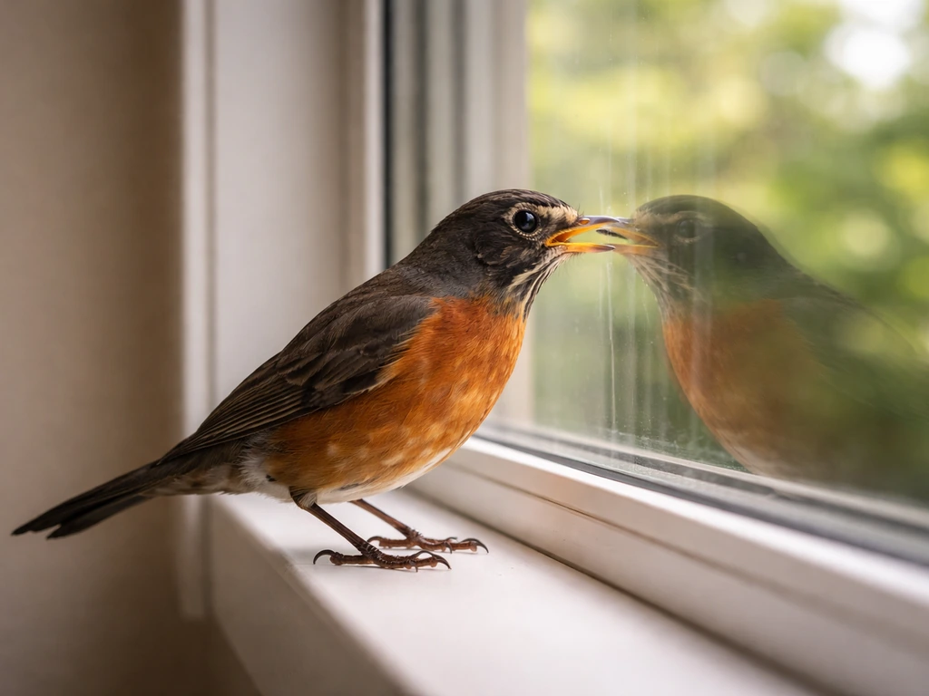 Robin pecking repeatedly at a reflective window glass pane during spring light.