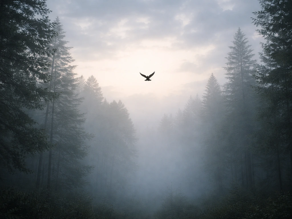 Silhouette of a bird flying through misty forest and cloudy sky, symbolic dreamlike mood