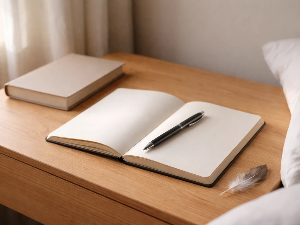 Minimal bedside journal with pen and a small bird feather for dream recall checklist.
