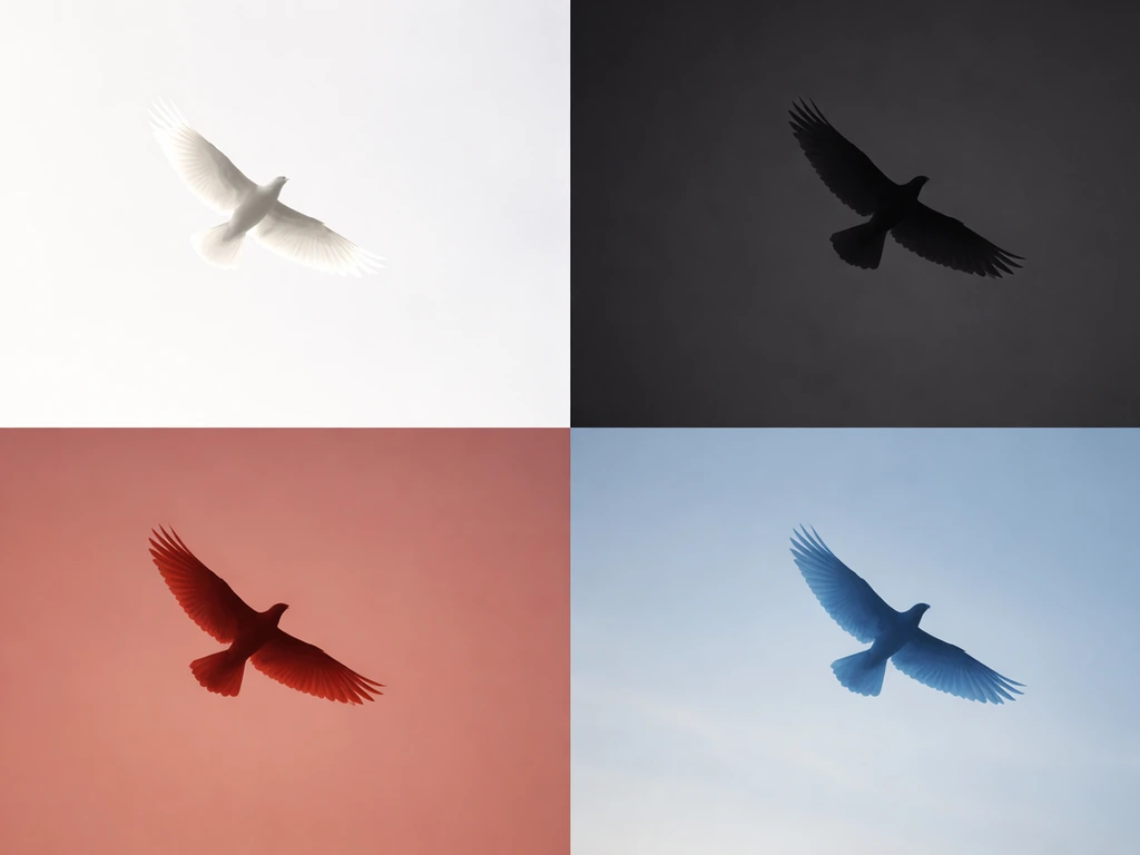 Silhouettes of different colored birds against simple colored sky backgrounds showing contrasting moods.