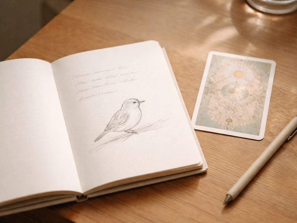 Open journal with a simple bird sketch and a patterned spiritual card on a wooden desk.