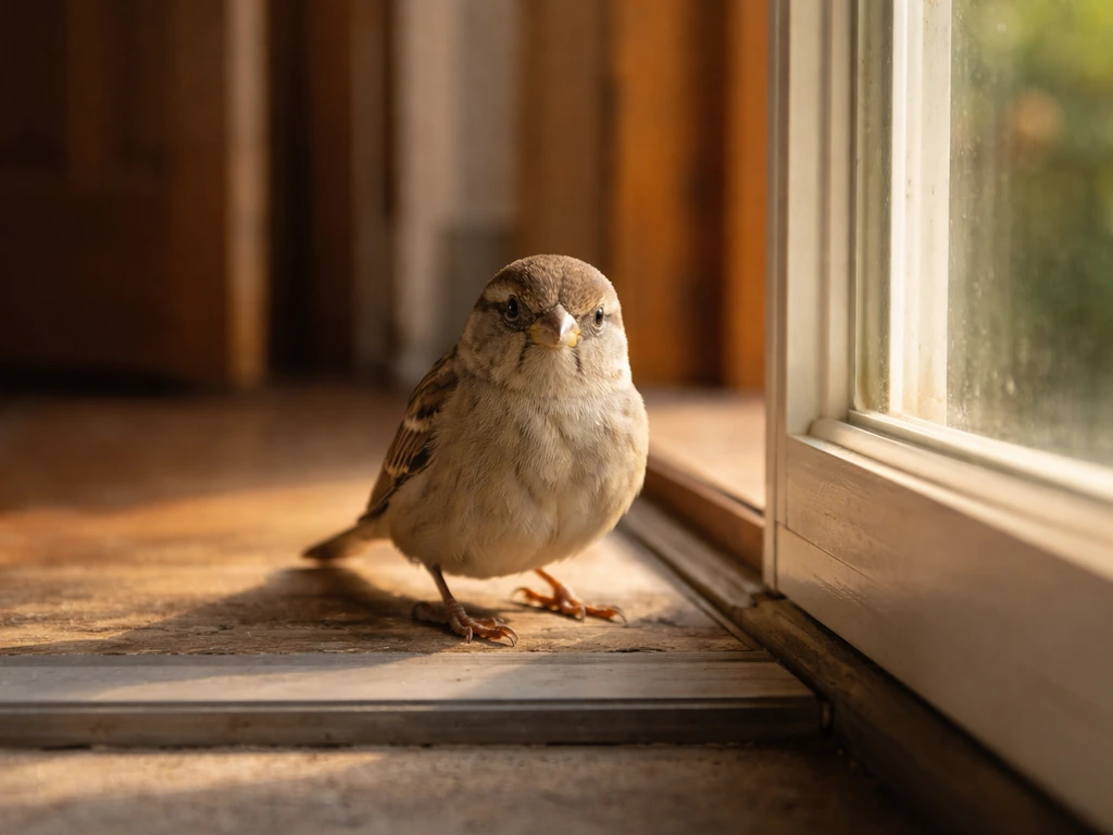 A brown bird perched near a doorway in warm natural light, looking toward the camera.