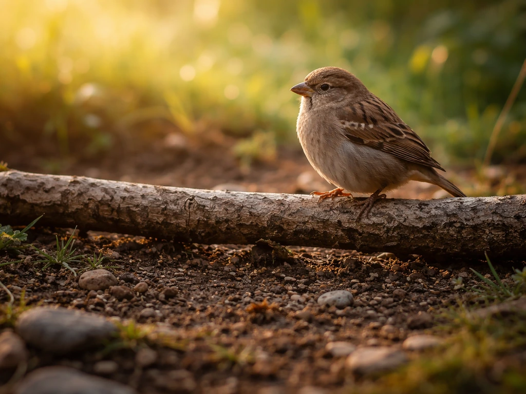 Small brown bird perched on a low branch above dark soil and rocks in warm golden light.