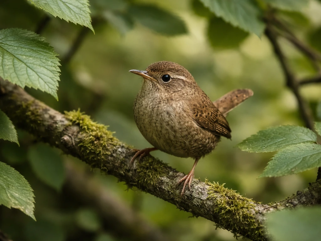 Small brown wren perched on leafy branches in soft forest light.