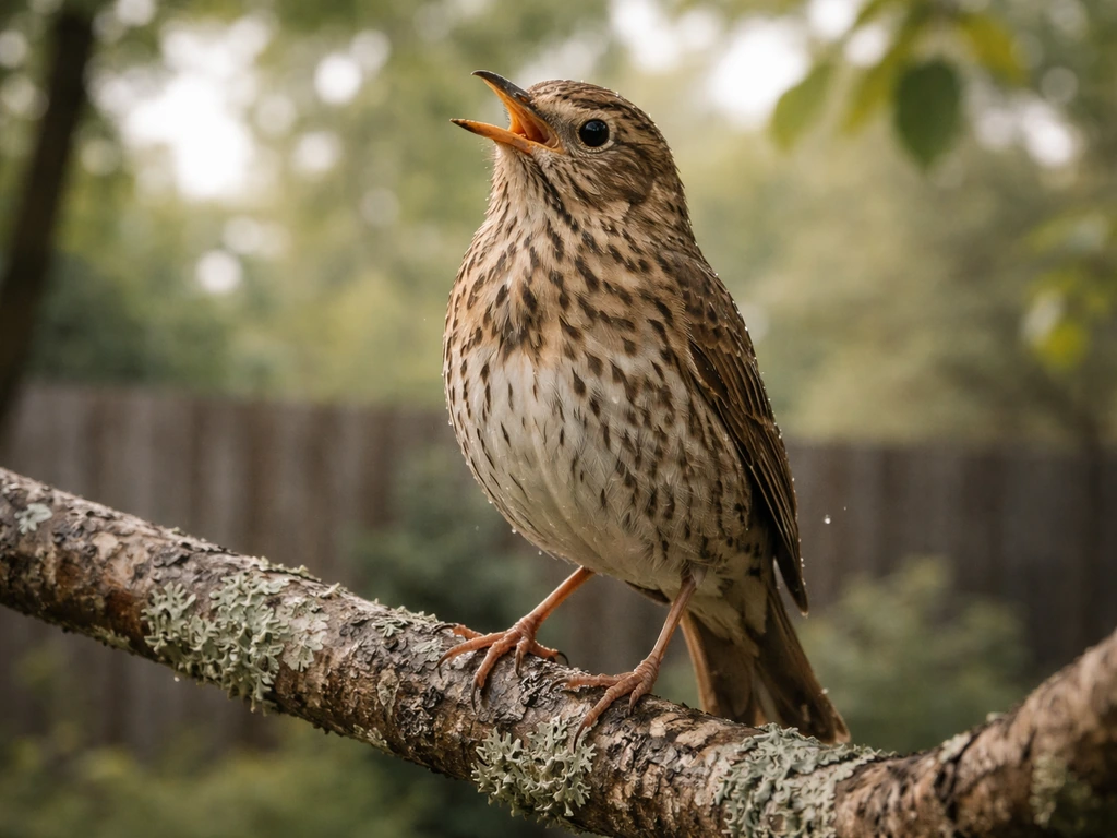 Streaked brown thrush perched on a garden branch, softly lit in natural light.