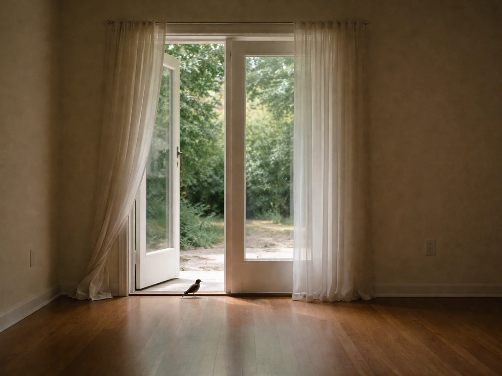 Dim indoor room with an open window and daylight outside, suggesting a bird safely guided out.