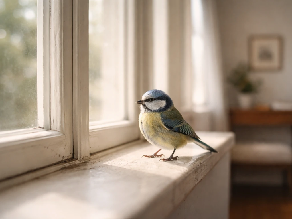 Small songbird perched on a windowsill inside a quiet, uncluttered room with natural daylight.