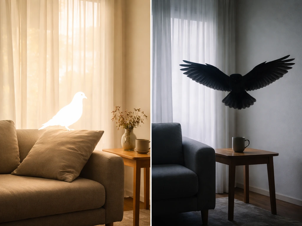 Minimal home interior with two contrasting bird silhouettes, showing how small cues change dream meaning.