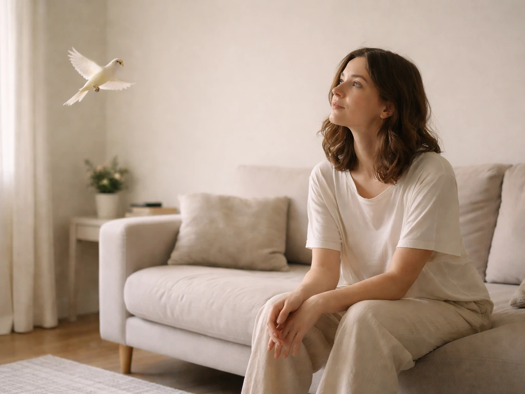 Relaxed person on a couch while a small bird flies freely through a bright living room.