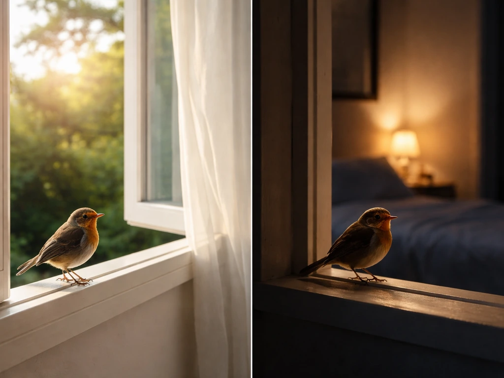 Small bird perched in a bright sunlit room on one side and in a dim night hallway/bedroom on the other.