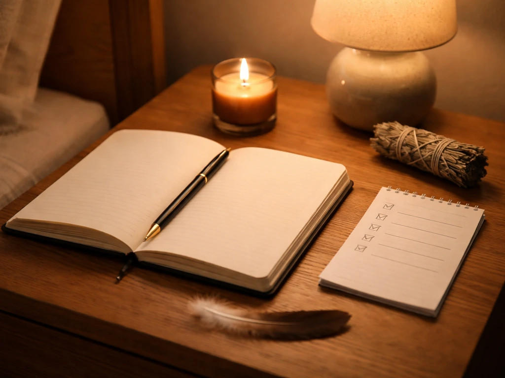 Open journal and pen on a bedside table with a small candle and sage bundle beside it.