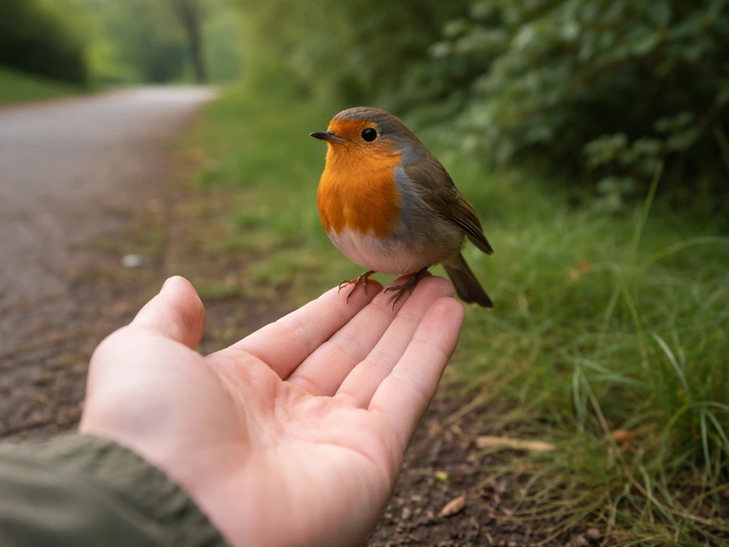 Small wild bird perched on a person’s hand beside a park path and nearby greenery.