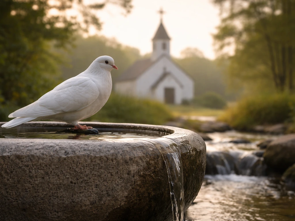 A white dove perched by a stone baptism bowl with gentle water flow near a quiet church silhouette.