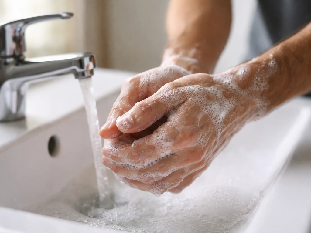 Person washing hands with soap and running water in a bright bathroom sink after possible bird contact.