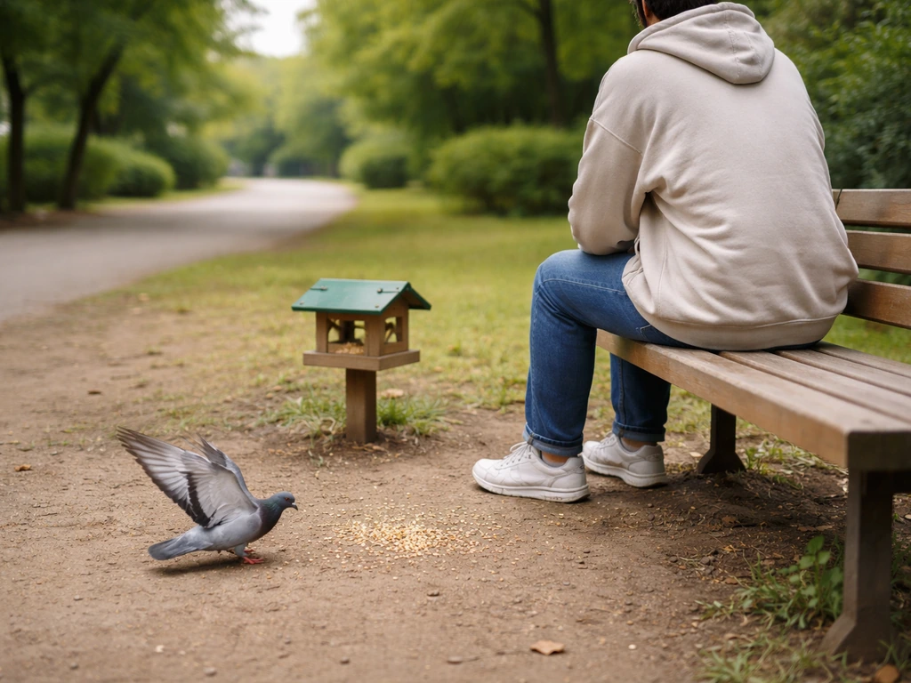 Person sitting on a park bench near a bird feeder as a pigeon lands nearby