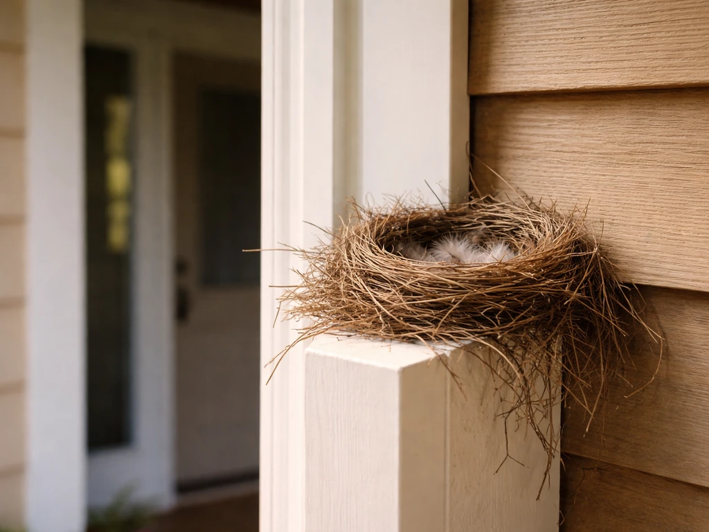 Close-up of a bird nest beside a front door porch entrance in soft morning light.