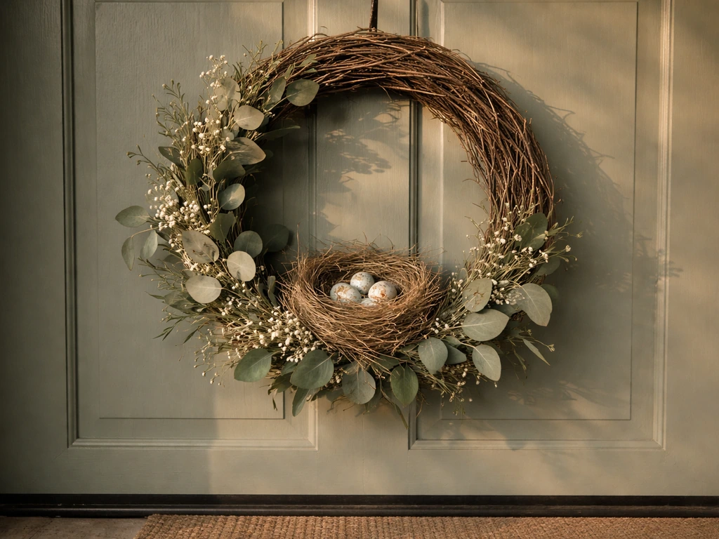 Close view of a small bird nest tucked into a door wreath on a front porch entryway.