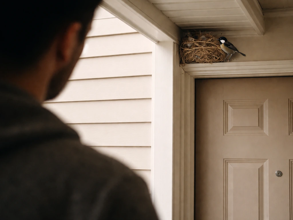 From a few feet away, a nest near a doorway as a small bird briefly returns, suggesting activity.