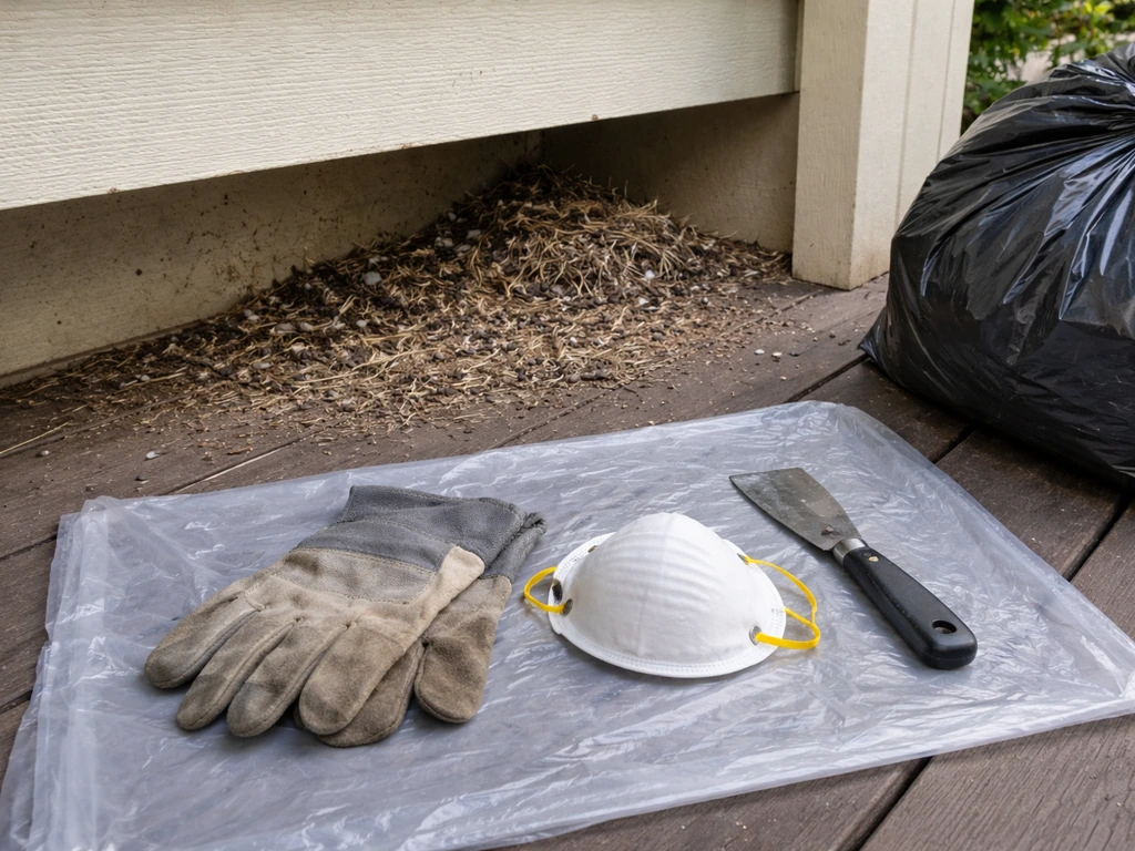 Gloves, mask, and a covered cloth cleanup area under an eave where a bird nest was removed.