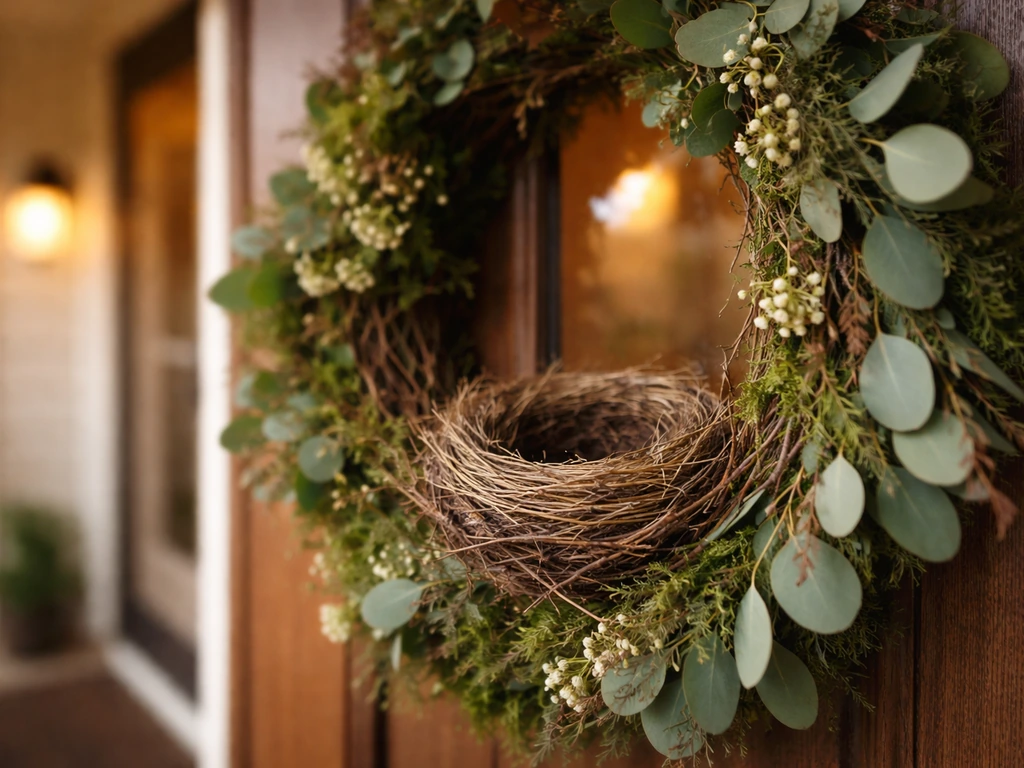Small bird nest nestled in the front door wreath area, highlighting welcome symbolism.