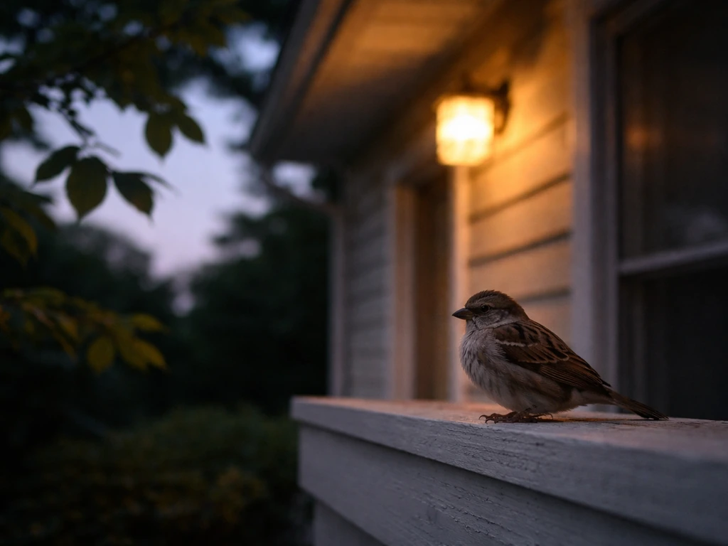 A calm bird perched on a home-side ledge at dusk, settling as it roosts near the house.