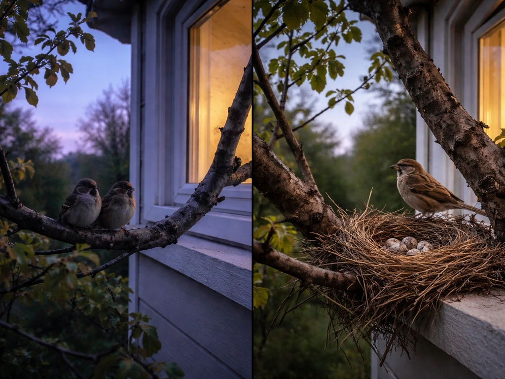 Split dusk view: a few birds roosting on a tree branch vs. a visible nest with a bird nearby.