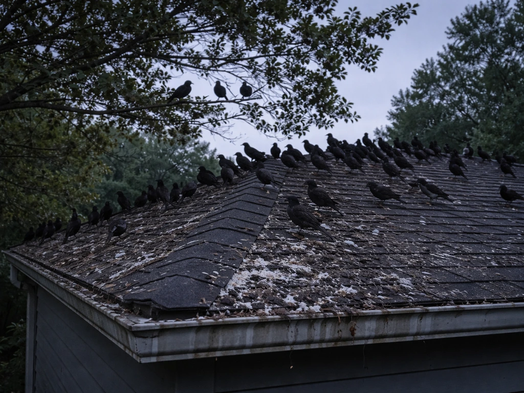 Dusk rooftop roost with many birds perched and heavy droppings accumulating near the edge.