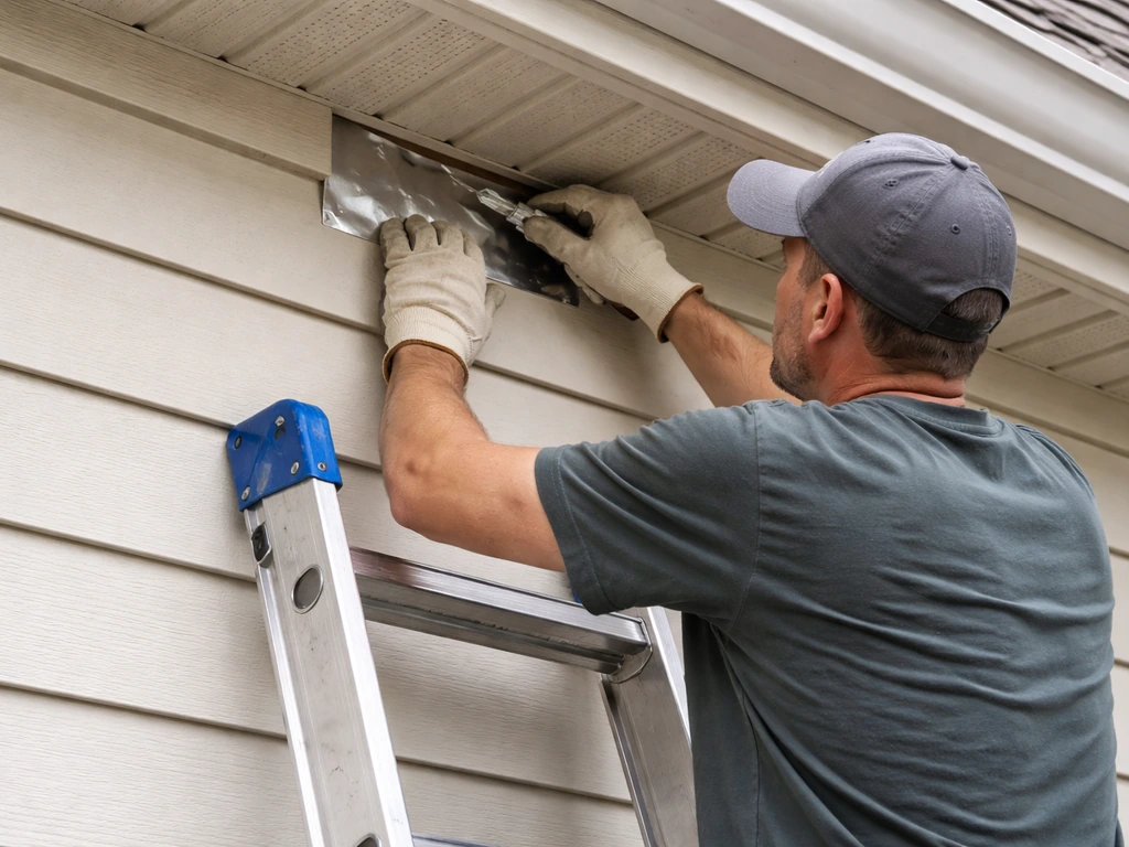 Person on step ladder sealing a soffit/vent opening on a building exterior to block birds.