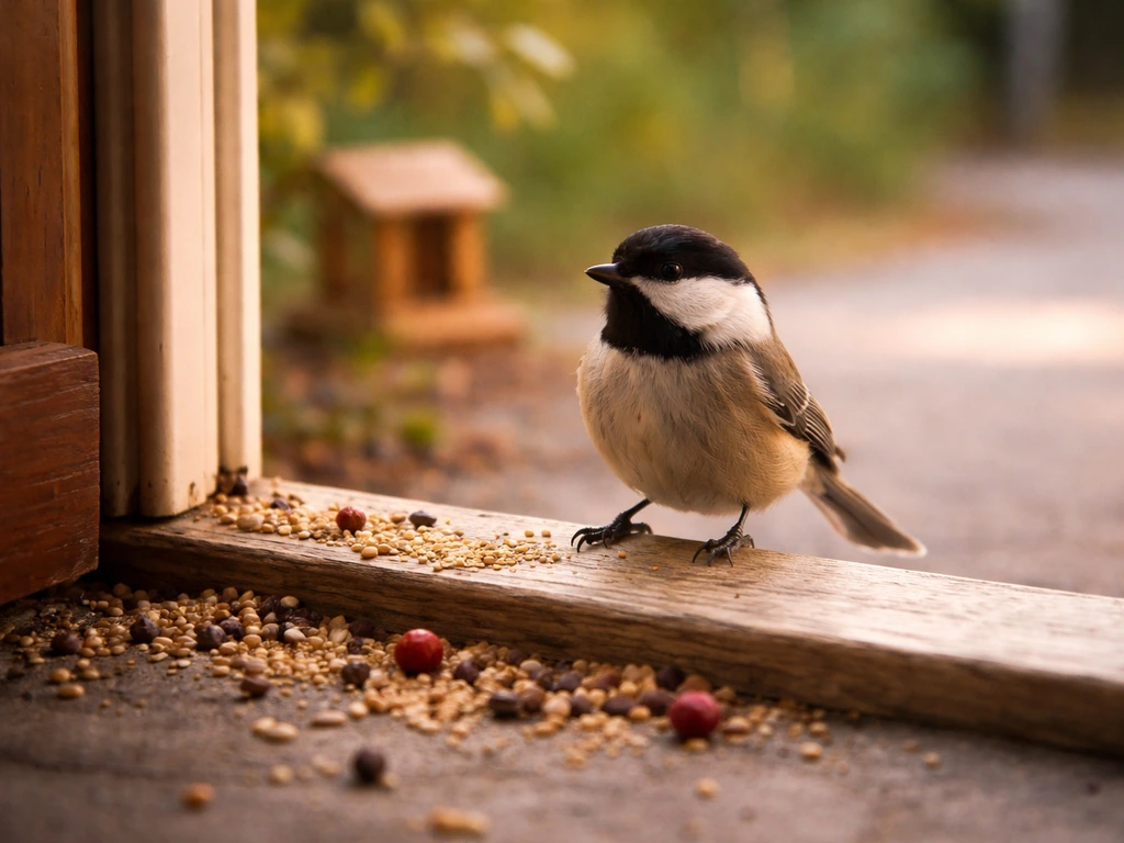 A small bird perched at an open doorway with scattered seeds nearby and a simple feeder in view.
