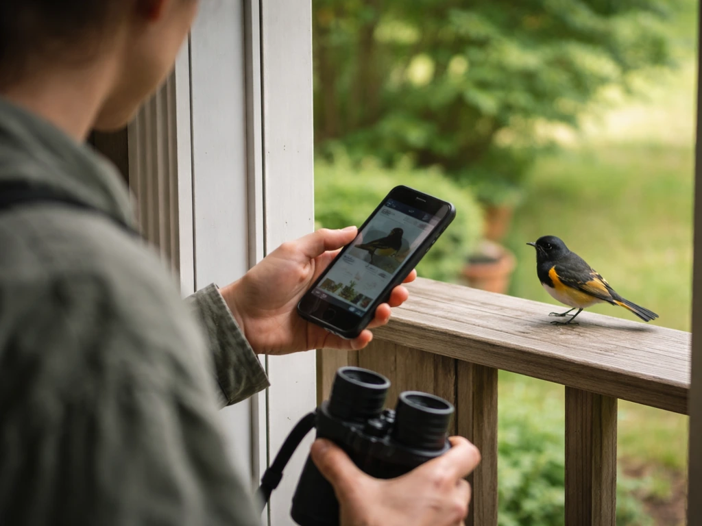Person holding a phone and binoculars while observing a small bird perched by a doorway