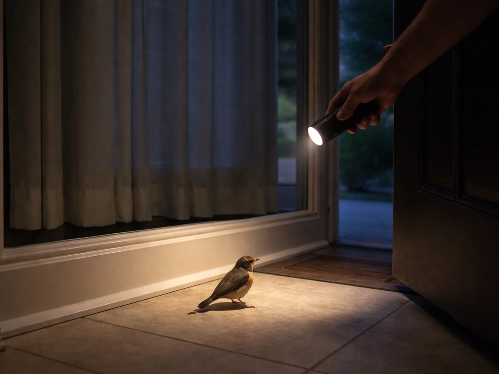 Person inside doorway with curtains closed and a soft handheld light guiding a bird to exit calmly