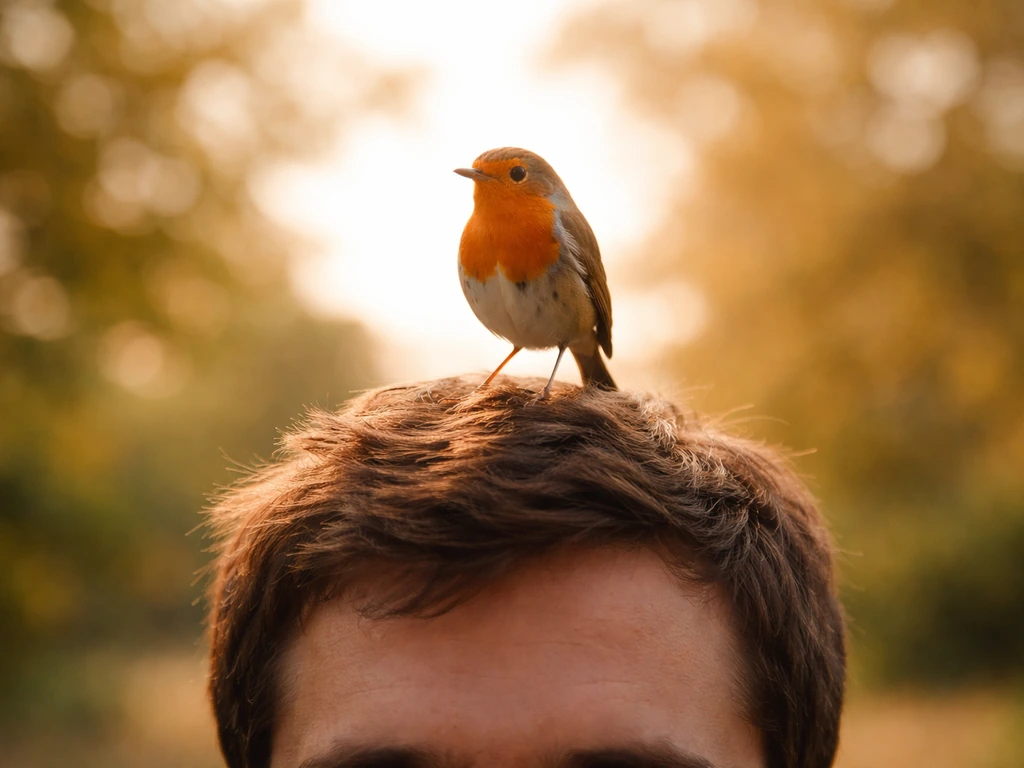 Small bird perched on the top of a person’s head in warm sunlight, face out of frame.