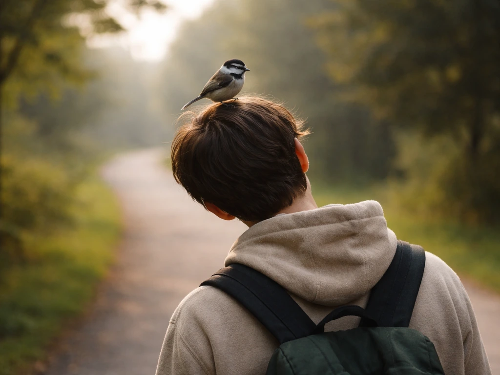 A small bird lands on a person’s head outdoors on a quiet park path.