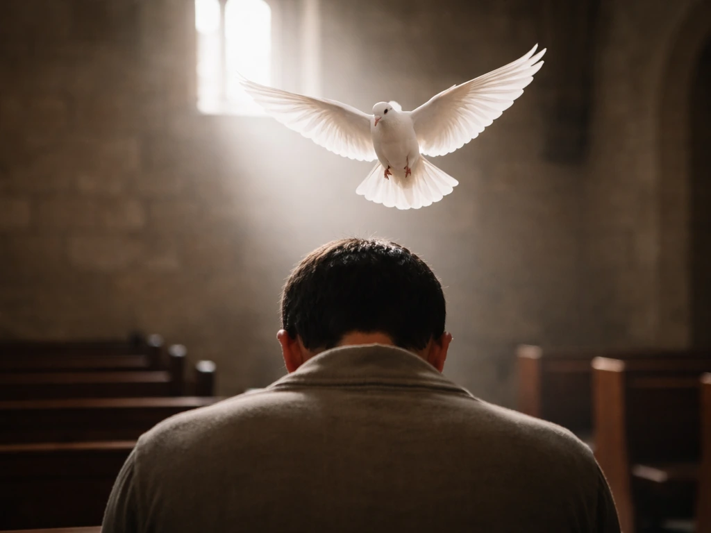 A dove-like white bird hovers above an anonymous bowed figure in a quiet, sunlit chapel.