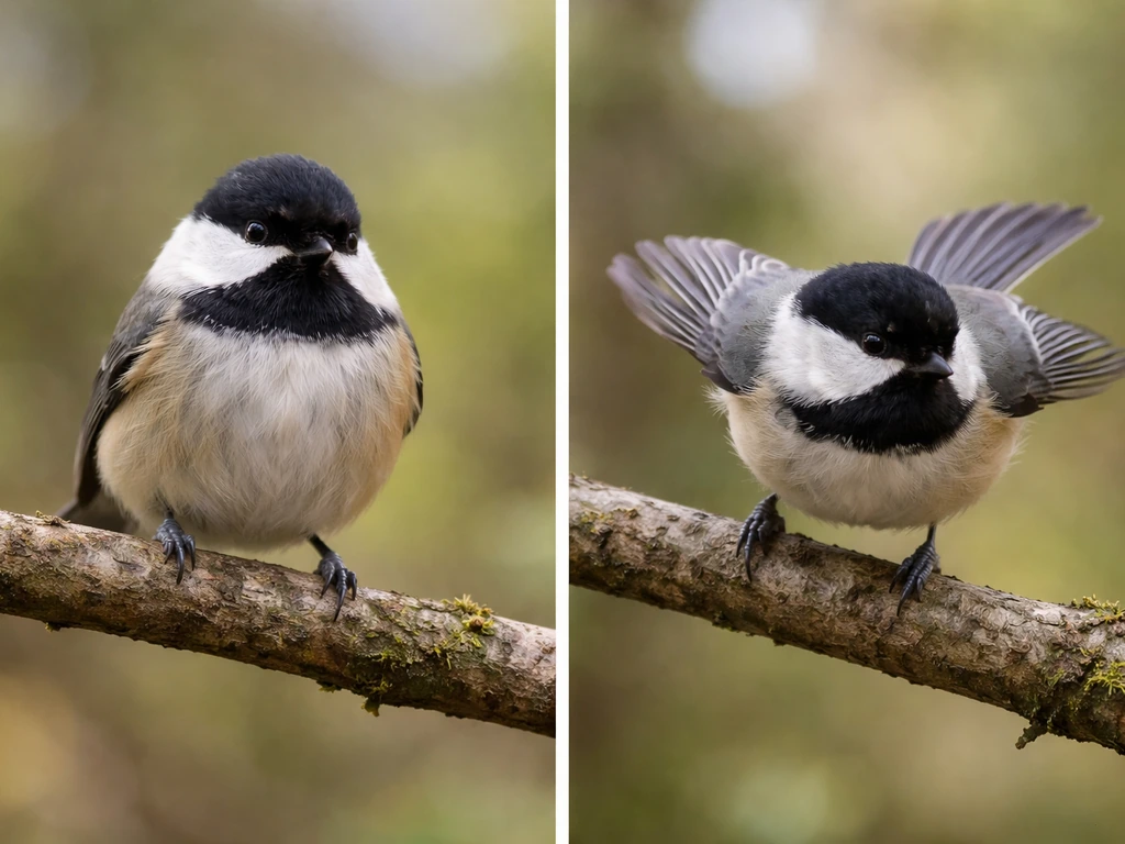 Close-up of a small bird perched calmly, then mid-hop with wings slightly raised in the same scene.
