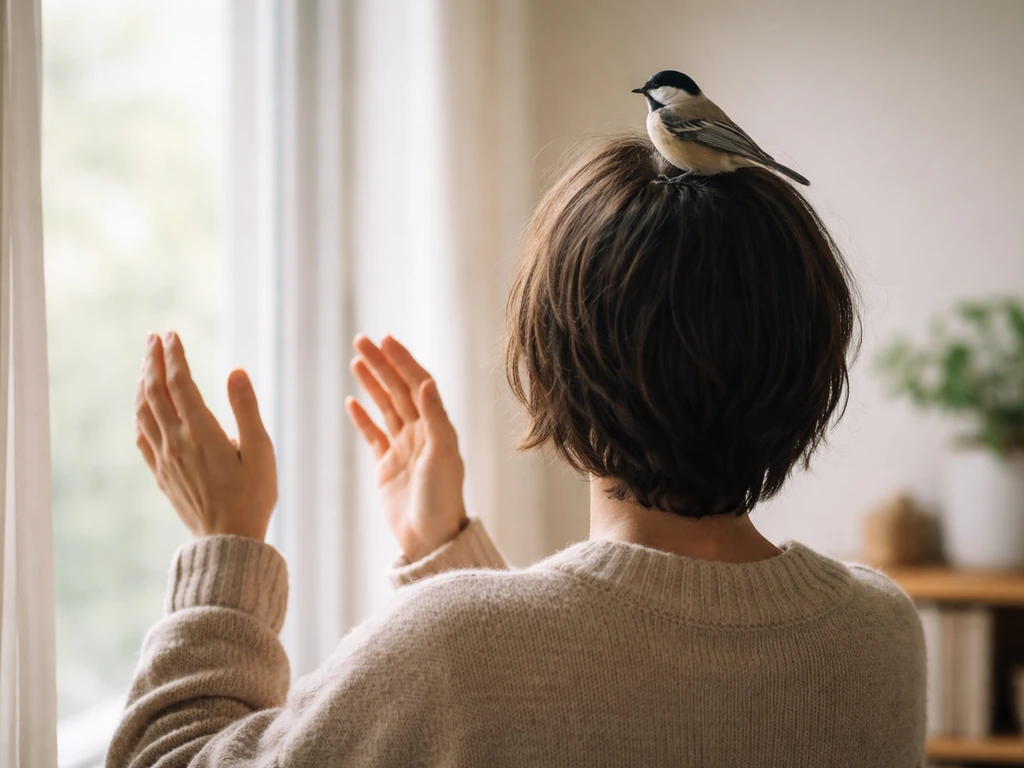 Calm person slowly moving hands to safely get a small bird off their head indoors near a window.
