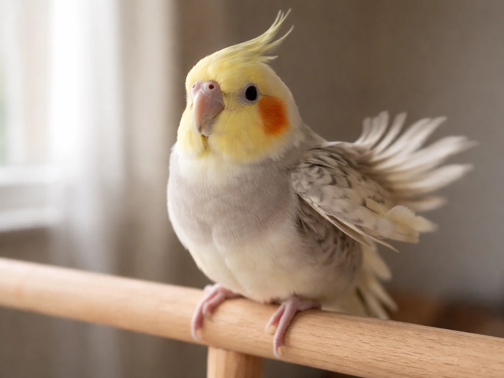 Close-up of a small pet bird perched calmly, showing a subtle twitch in its feathers.