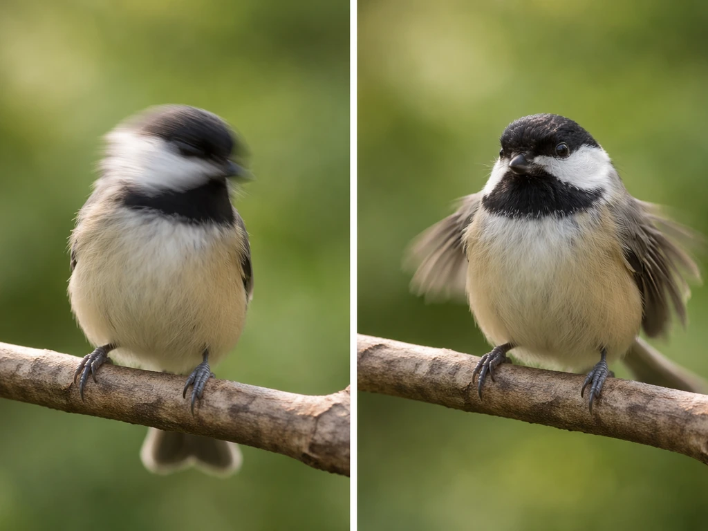 Small songbird perched on a branch showing brief head jerk and subtle wing shudder in daylight.