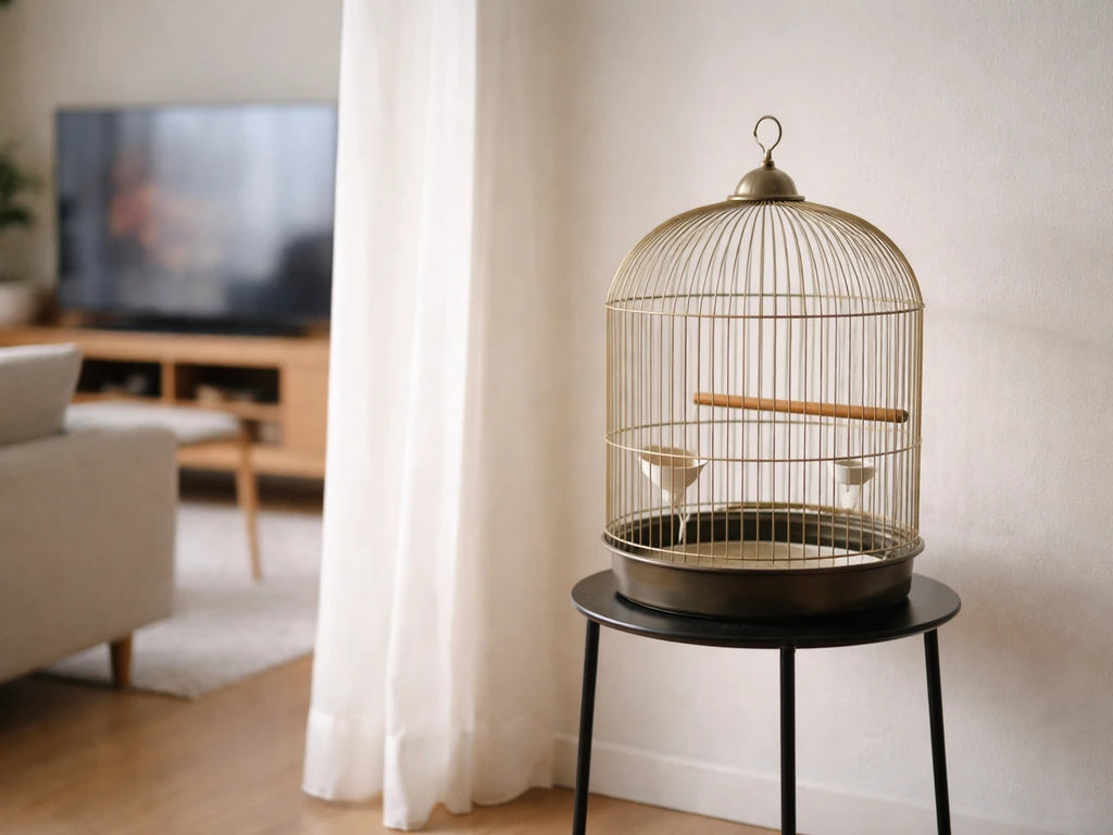 Quiet living room corner with a birdcage placed away from noise and distractions