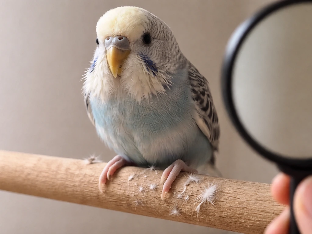Close-up of a small bird’s feathered face and feet with a few visible loose feathers and debris, suggesting irritation.