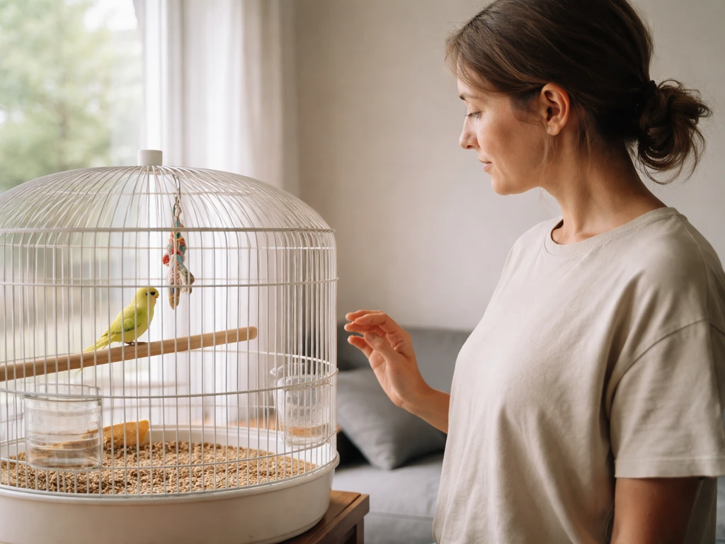 Caregiver stands by a bird cage with hand held back, quietly observing the perched bird indoors.