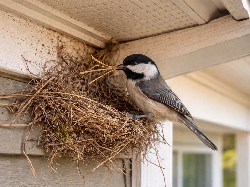 Small bird actively building a twig nest under a house eave beside a porch