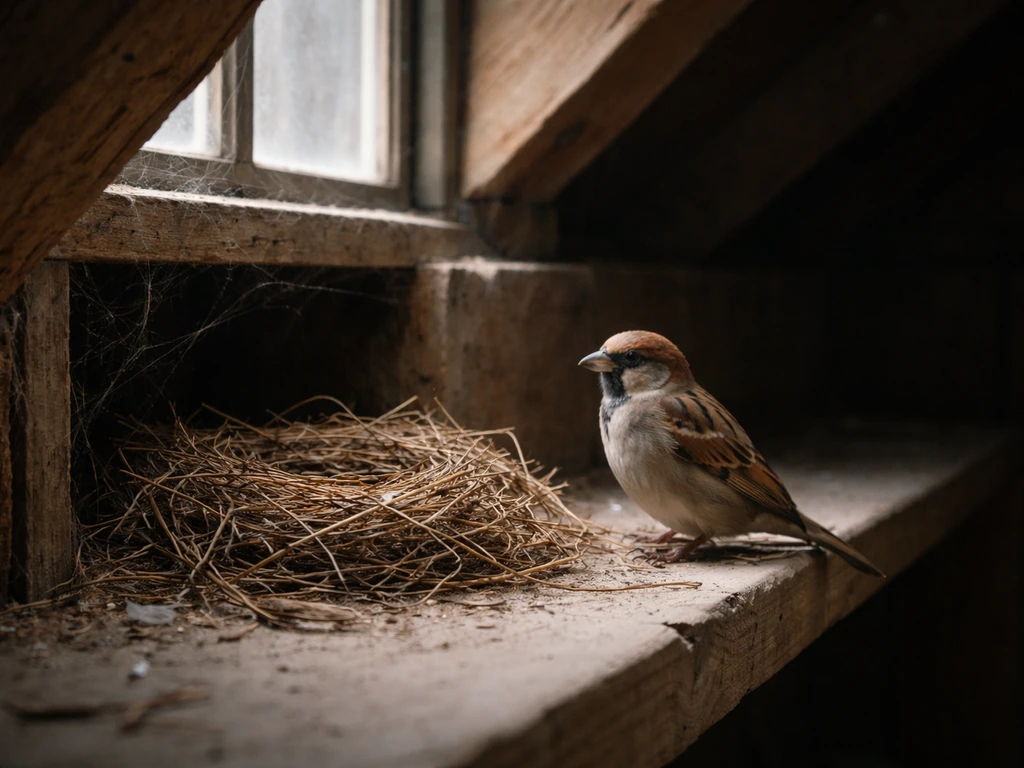 Small bird perched beside a partly built nest in an attic nook near a wall cavity.