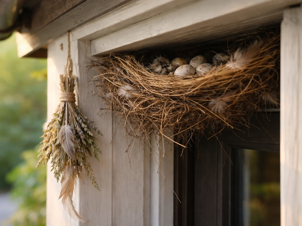 Small bird nest tucked under a home doorway eave, warm natural light, calm spiritual mood.