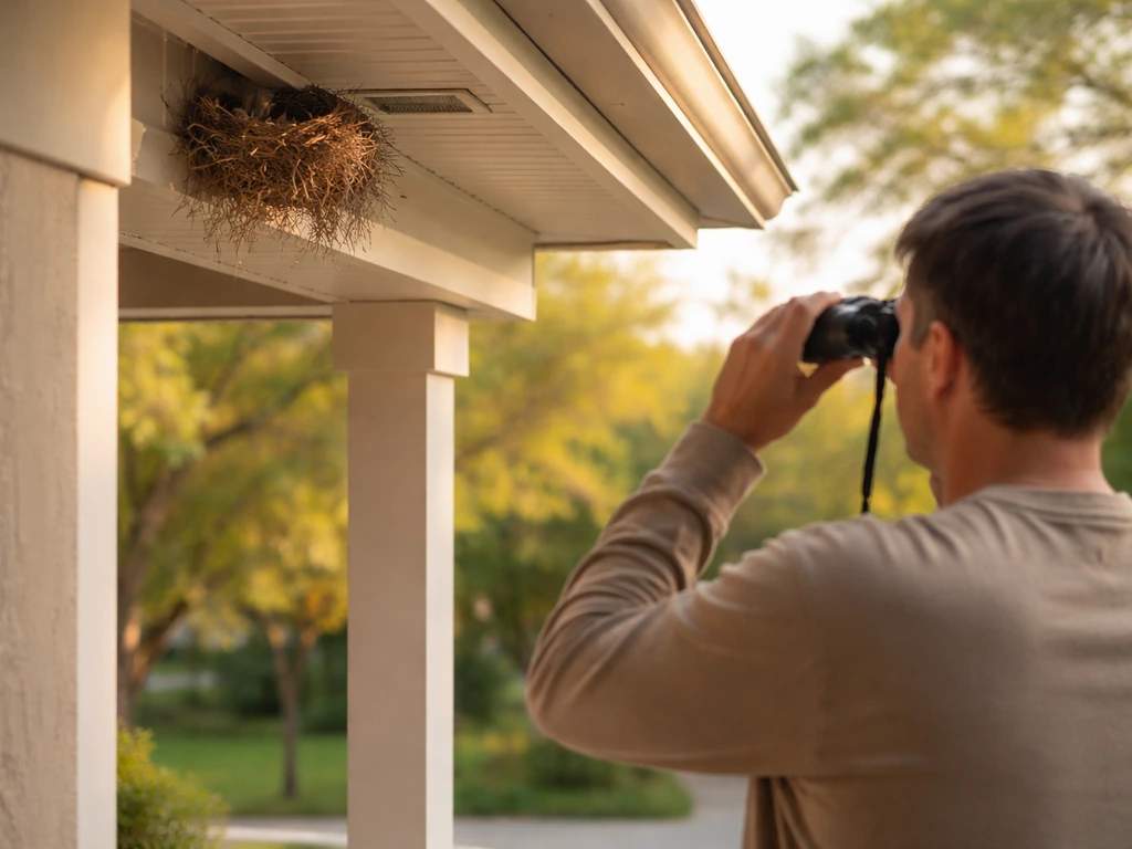 Homeowner at a distance using binoculars to observe a small bird nest under house eaves.