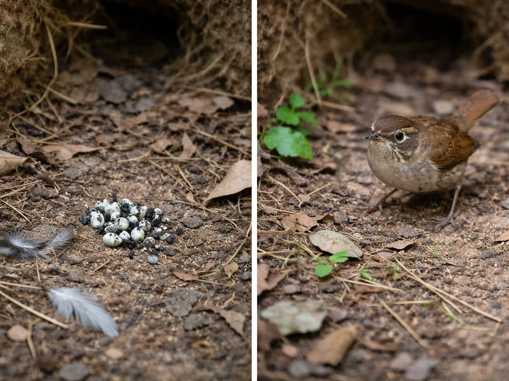 Close photo of bird droppings near a nest site with a bird in alarm posture and minor nearby damage.