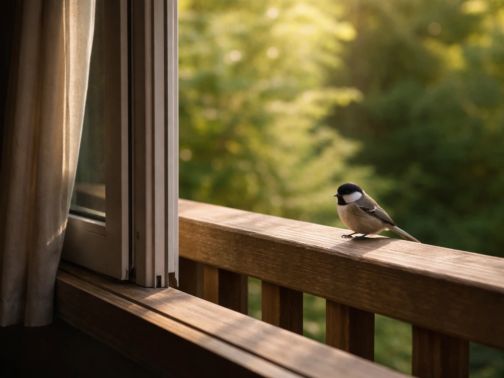 A small bird perched on a porch rail by an open window in soft morning light.